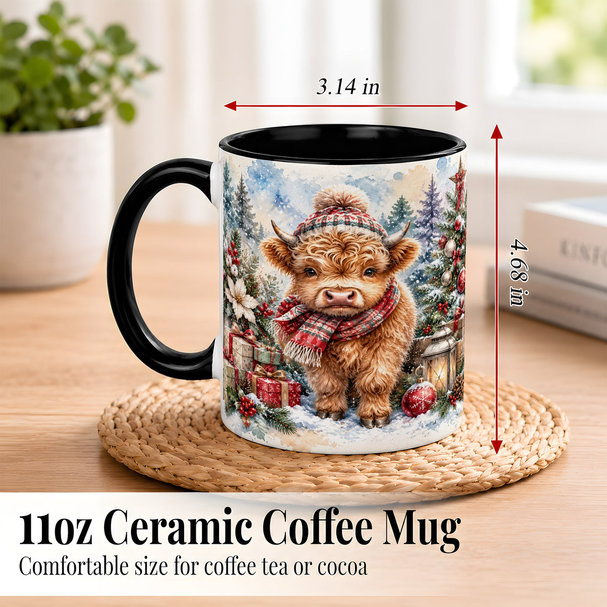 #pl[11oz|Black] Christmas Highland Cow Coffee Mug, Winter Cow Mug, Ceramic Cup