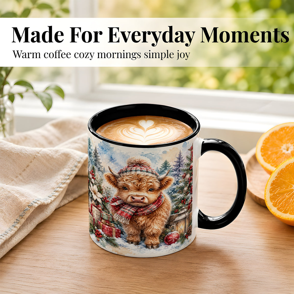 #pl[11oz|Black] Christmas Highland Cow Coffee Mug, Winter Cow Mug, Ceramic Cup
