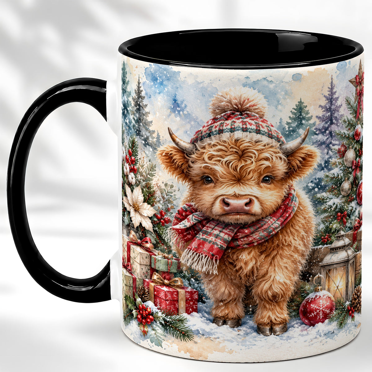 #pl[11oz|Black] Christmas Highland Cow Coffee Mug, Winter Cow Mug, Ceramic Cup