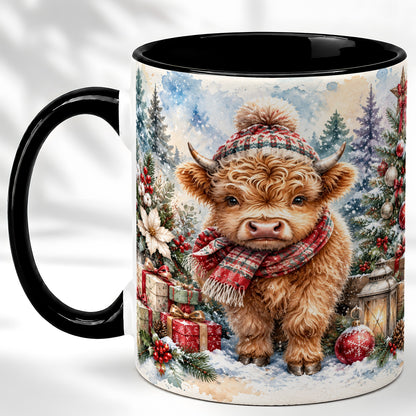 #pl[11oz|Black] Christmas Highland Cow Coffee Mug, Winter Cow Mug, Ceramic Cup