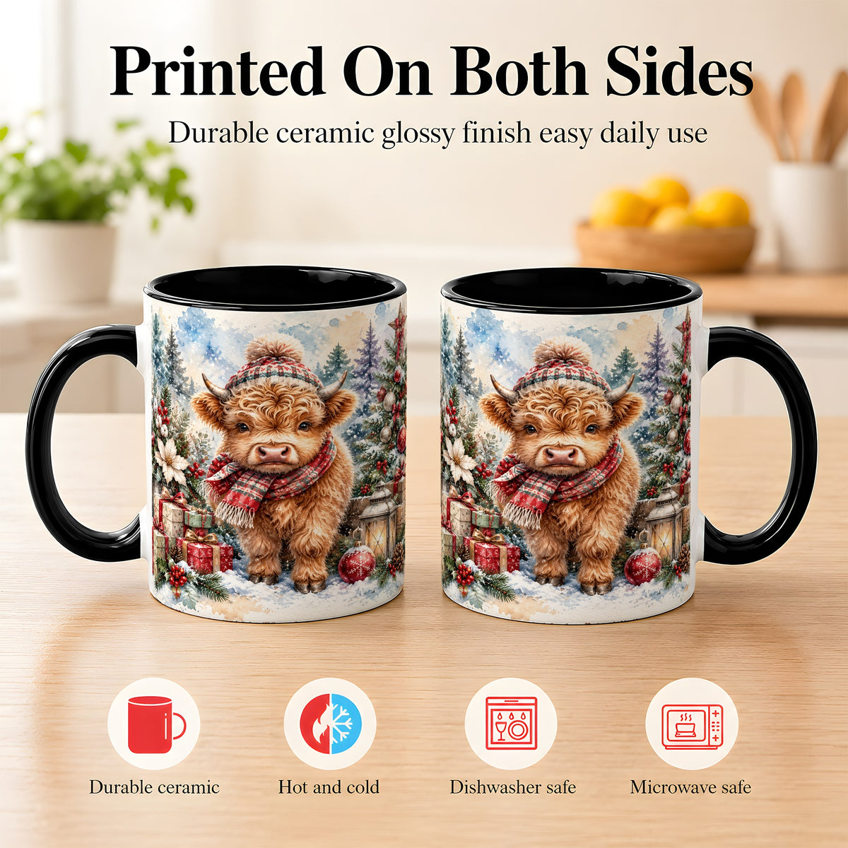 #pl[11oz|Black] Christmas Highland Cow Coffee Mug, Winter Cow Mug, Ceramic Cup
