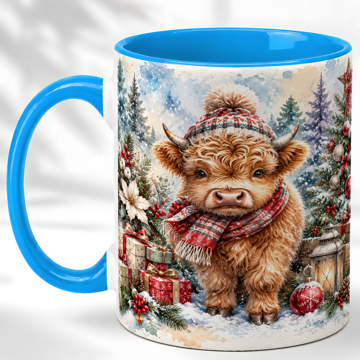 #pl[11oz|Blue] Christmas Highland Cow Coffee Mug, Winter Cow Mug, Ceramic Cup