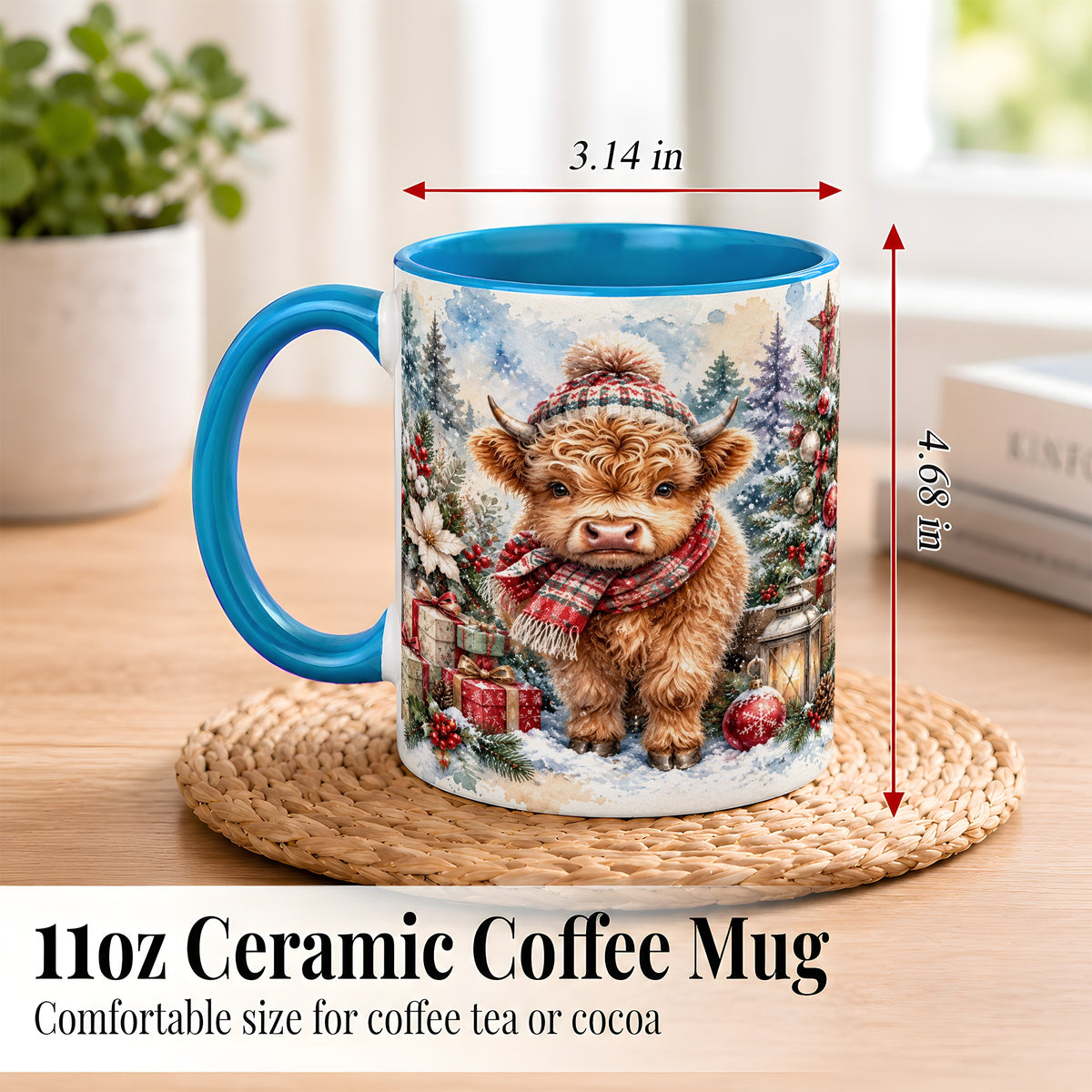 #pl[11oz|Blue] Christmas Highland Cow Coffee Mug, Winter Cow Mug, Ceramic Cup