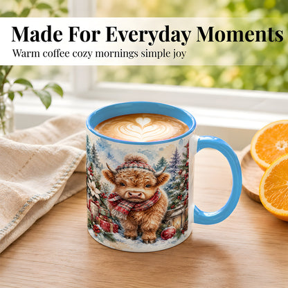 #pl[11oz|Blue] Christmas Highland Cow Coffee Mug, Winter Cow Mug, Ceramic Cup