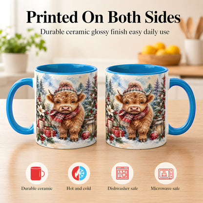 #pl[11oz|Blue] Christmas Highland Cow Coffee Mug, Winter Cow Mug, Ceramic Cup
