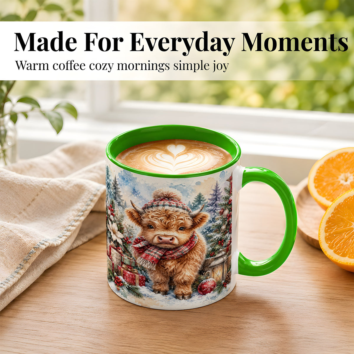 #pl[11oz|Green] Christmas Highland Cow Coffee Mug, Winter Cow Mug, Ceramic Cup