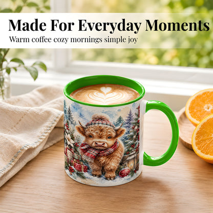 #pl[11oz|Green] Christmas Highland Cow Coffee Mug, Winter Cow Mug, Ceramic Cup