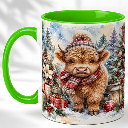#pl[11oz|Green] Christmas Highland Cow Coffee Mug, Winter Cow Mug, Ceramic Cup