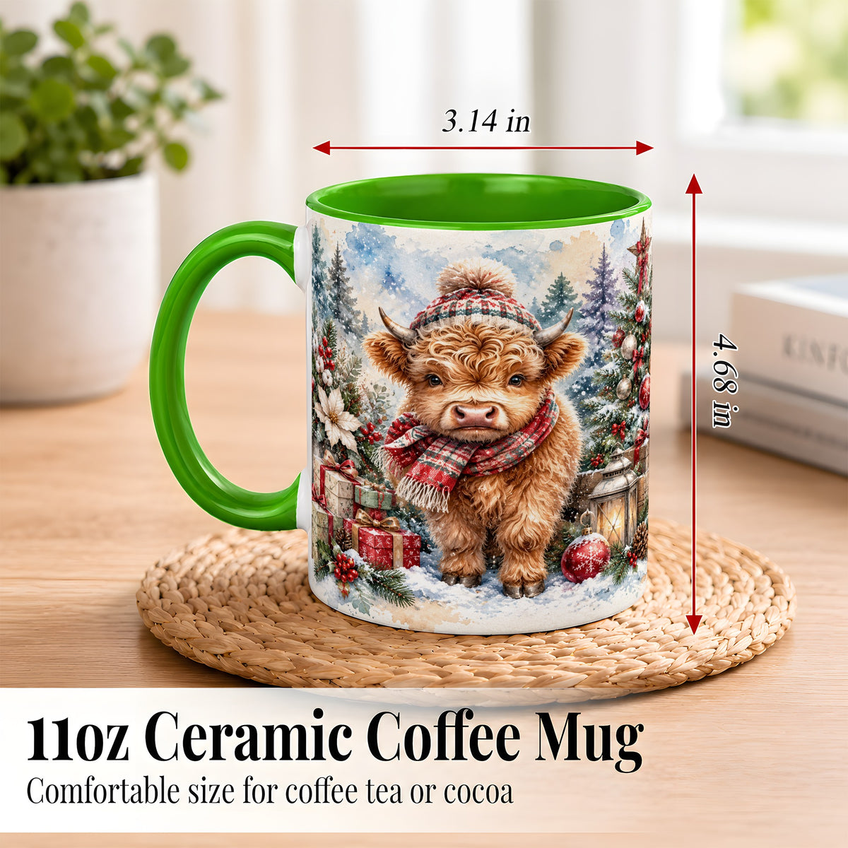 #pl[11oz|Green] Christmas Highland Cow Coffee Mug, Winter Cow Mug, Ceramic Cup