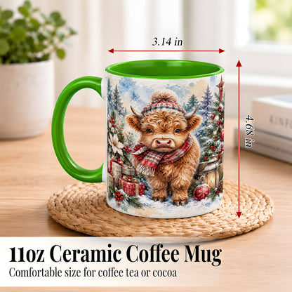 #pl[11oz|Green] Christmas Highland Cow Coffee Mug, Winter Cow Mug, Ceramic Cup
