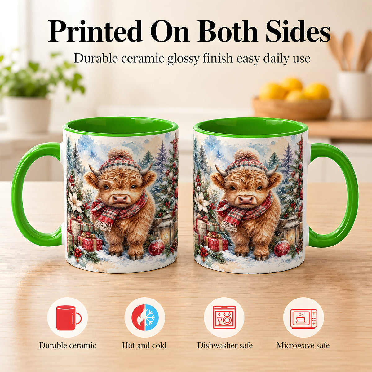 #pl[11oz|Green] Christmas Highland Cow Coffee Mug, Winter Cow Mug, Ceramic Cup