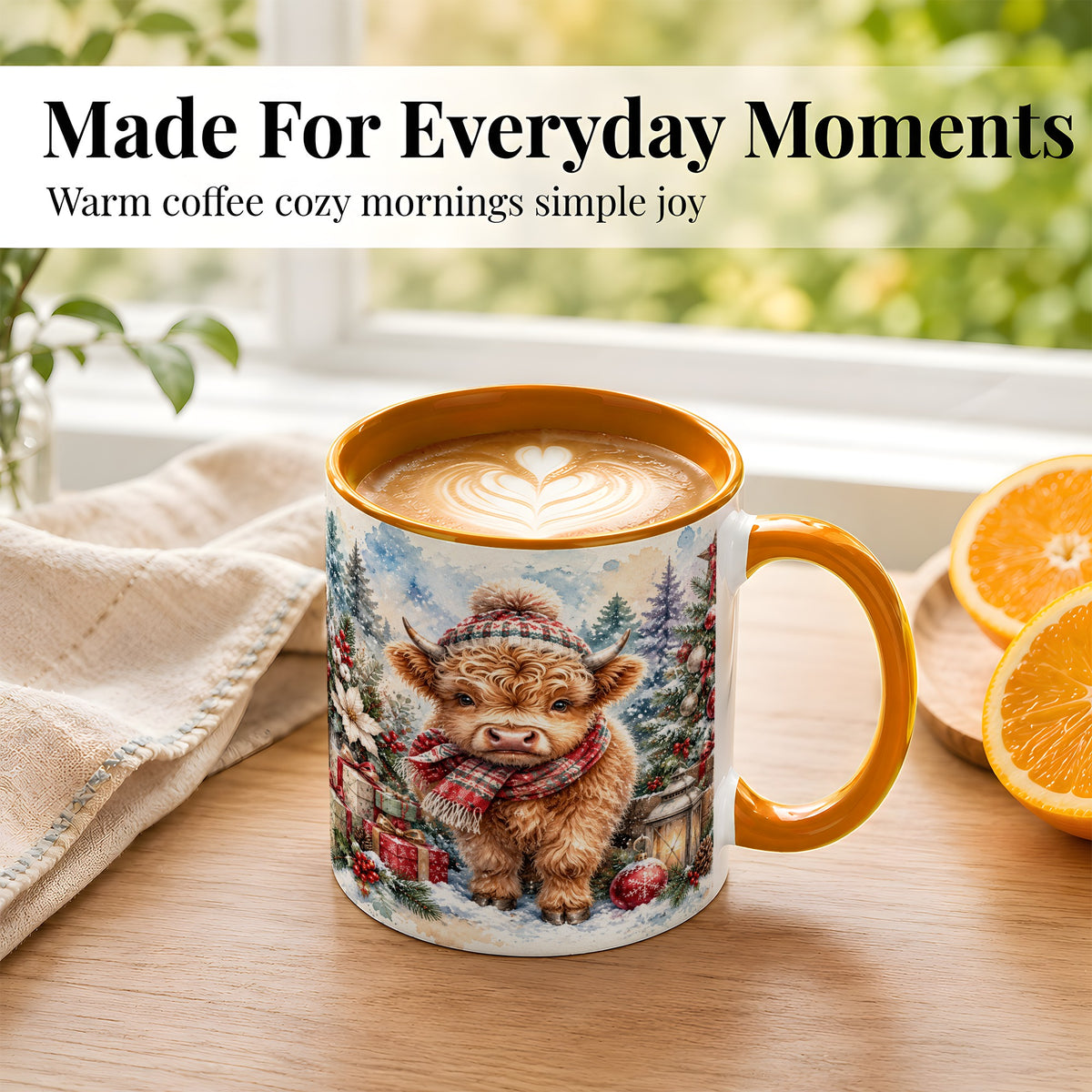 #pl[11oz|Orange] Christmas Highland Cow Coffee Mug, Winter Cow Mug, Ceramic Cup