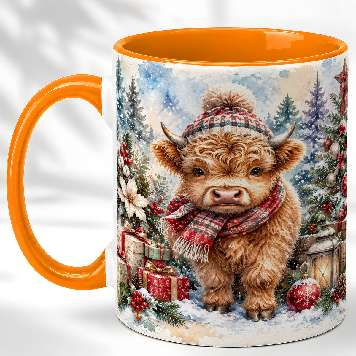 #pl[11oz|Orange] Christmas Highland Cow Coffee Mug, Winter Cow Mug, Ceramic Cup