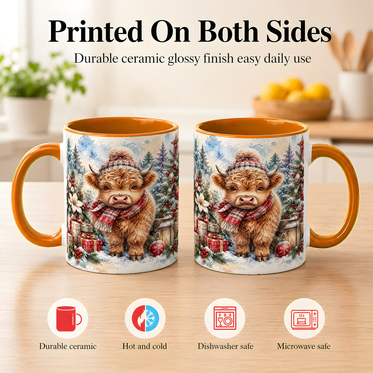 #pl[11oz|Orange] Christmas Highland Cow Coffee Mug, Winter Cow Mug, Ceramic Cup