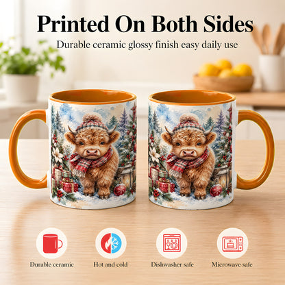 #pl[11oz|Orange] Christmas Highland Cow Coffee Mug, Winter Cow Mug, Ceramic Cup