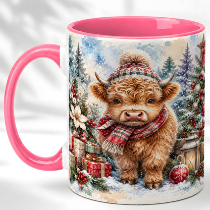 #pl[11oz|Pink] Christmas Highland Cow Coffee Mug, Winter Cow Mug, Ceramic Cup