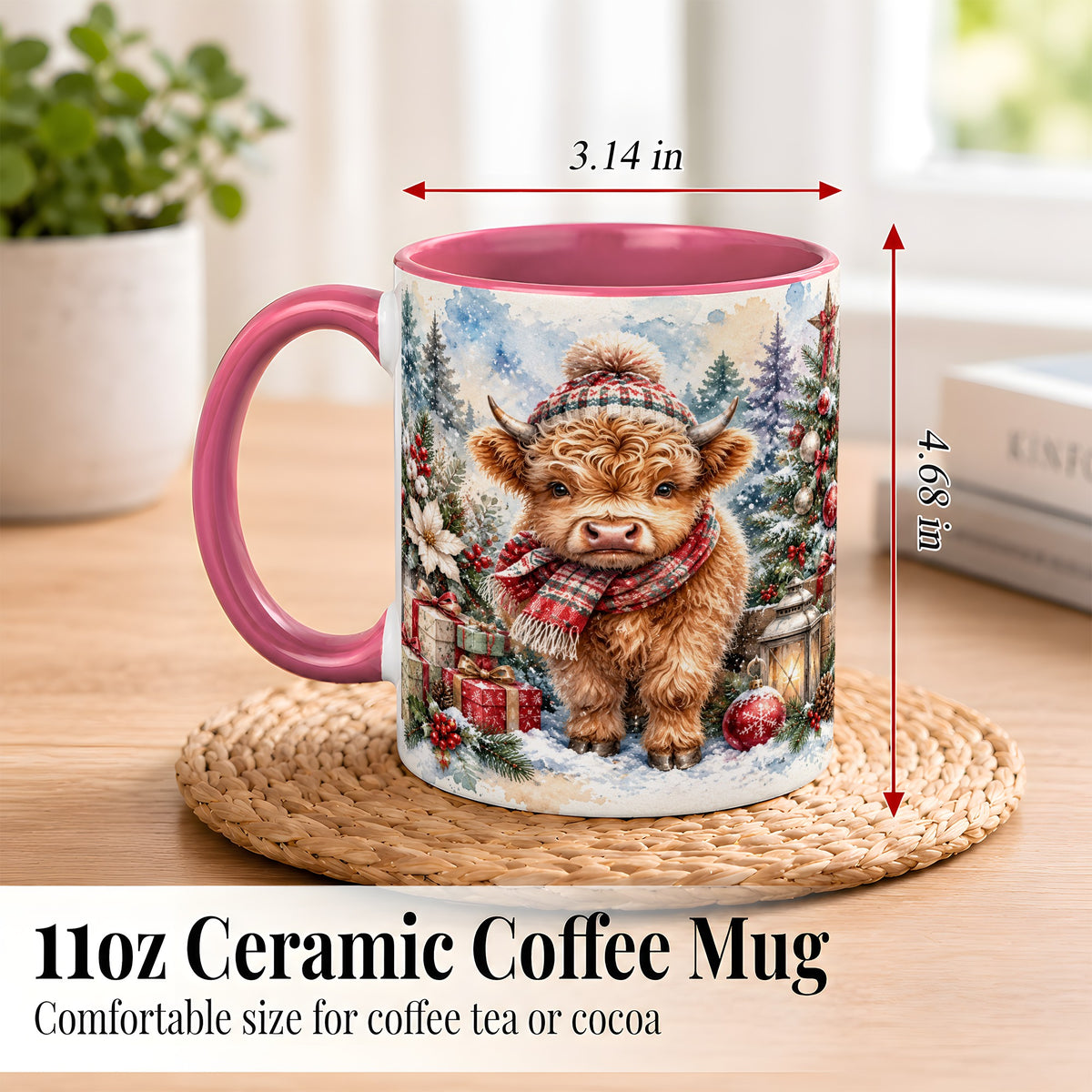 #pl[11oz|Pink] Christmas Highland Cow Coffee Mug, Winter Cow Mug, Ceramic Cup