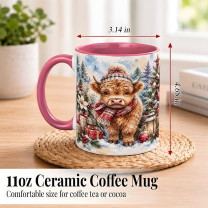 #pl[11oz|Pink] Christmas Highland Cow Coffee Mug, Winter Cow Mug, Ceramic Cup
