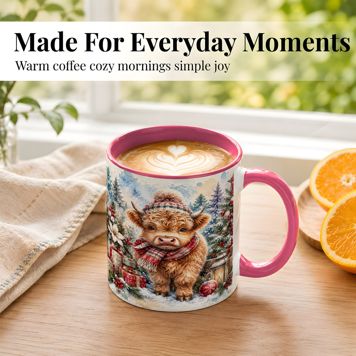 #pl[11oz|Pink] Christmas Highland Cow Coffee Mug, Winter Cow Mug, Ceramic Cup