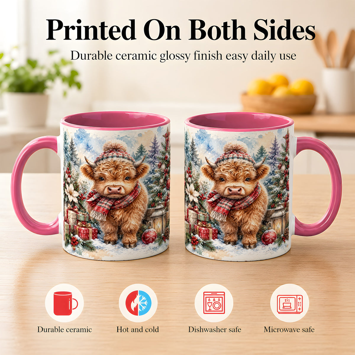 #pl[11oz|Pink] Christmas Highland Cow Coffee Mug, Winter Cow Mug, Ceramic Cup