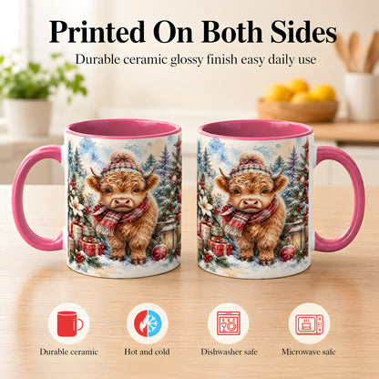 #pl[11oz|Pink] Christmas Highland Cow Coffee Mug, Winter Cow Mug, Ceramic Cup