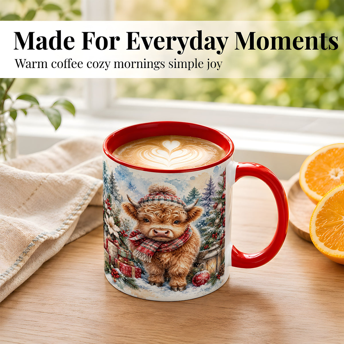 #pl[11oz|Red] Christmas Highland Cow Coffee Mug, Winter Cow Mug, Ceramic Cup