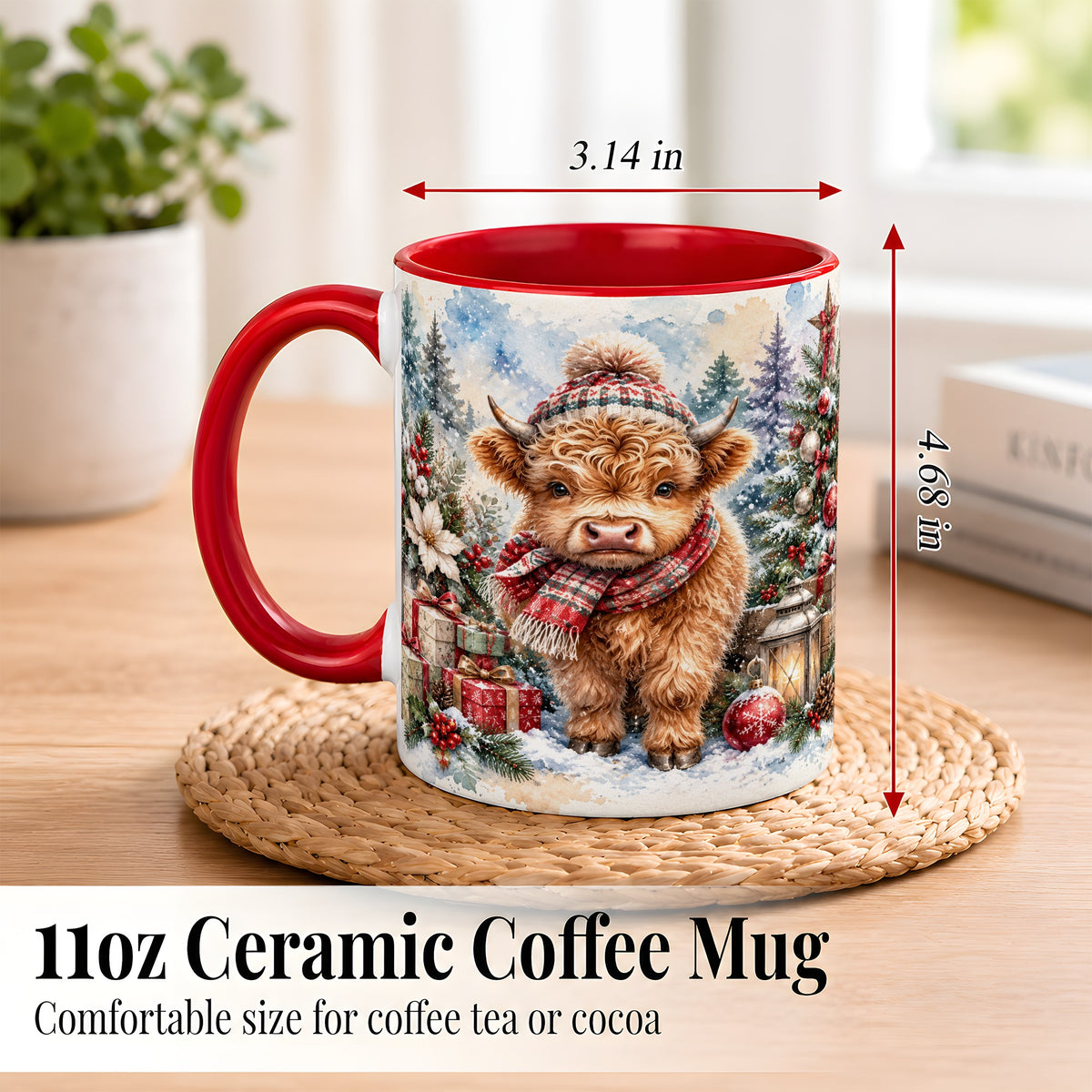 #pl[11oz|Red] Christmas Highland Cow Coffee Mug, Winter Cow Mug, Ceramic Cup