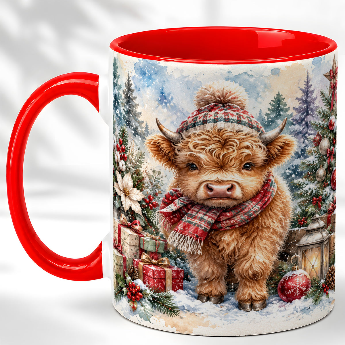 #pl[11oz|Red] Christmas Highland Cow Coffee Mug, Winter Cow Mug, Ceramic Cup