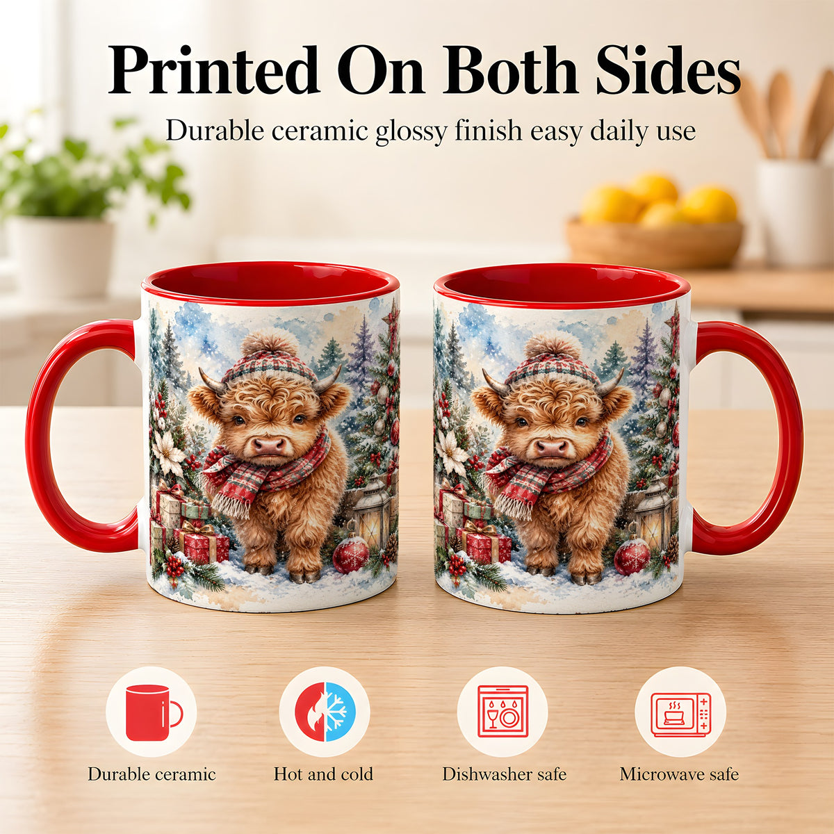 #pl[11oz|Red] Christmas Highland Cow Coffee Mug, Winter Cow Mug, Ceramic Cup