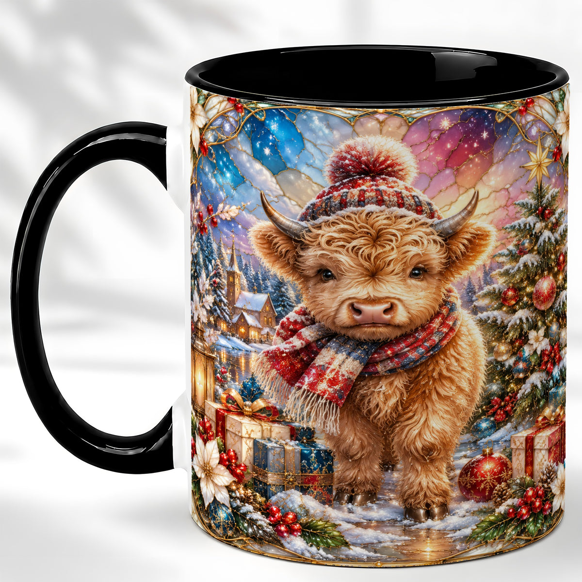 #pl[11oz|Black] Stained Glass Highland Cow Coffee Mug, Christmas Cow Mug, Ceramic Cup