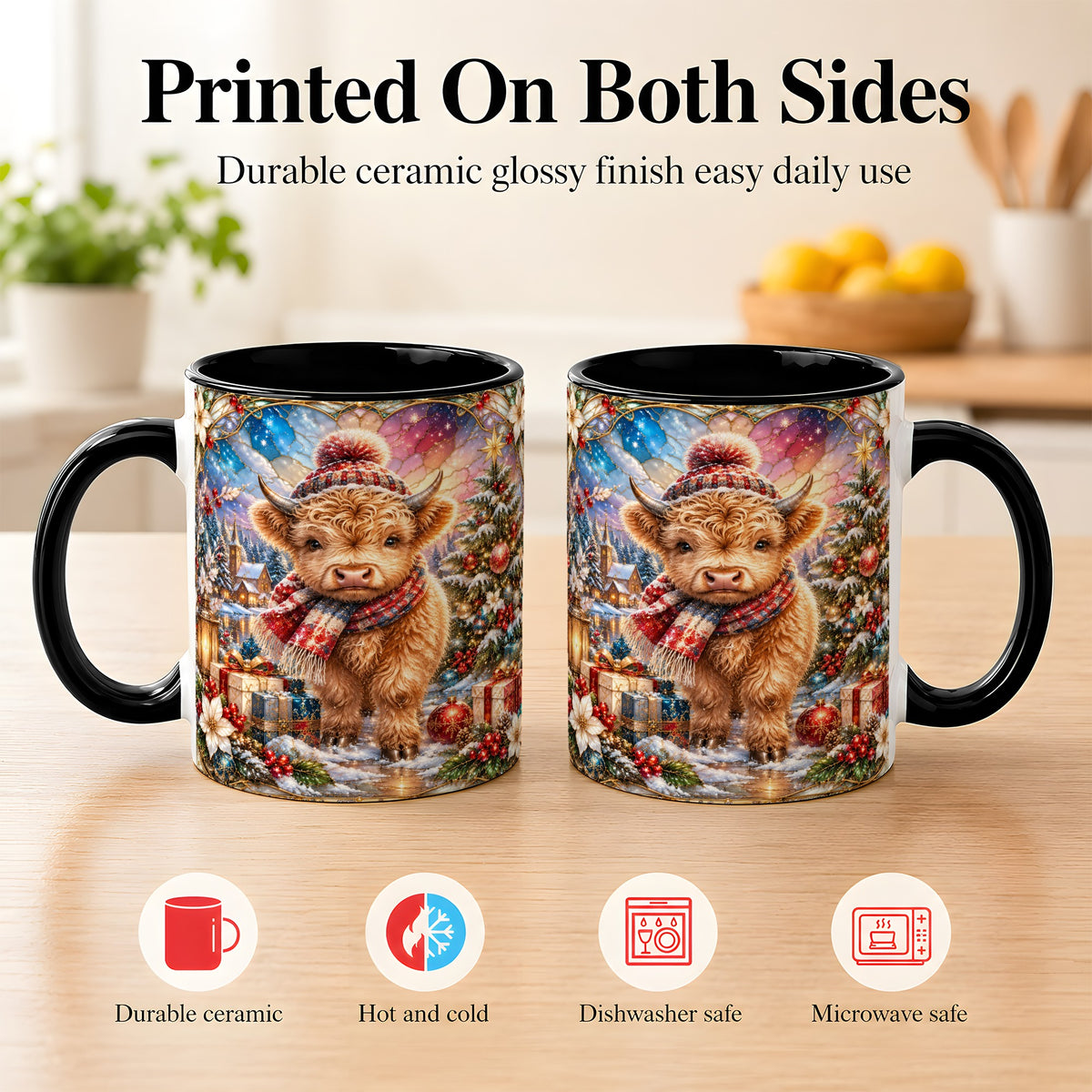 #pl[11oz|Black] Stained Glass Highland Cow Coffee Mug, Christmas Cow Mug, Ceramic Cup