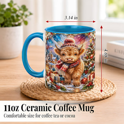 #pl[11oz|Blue] Stained Glass Highland Cow Coffee Mug, Christmas Cow Mug, Ceramic Cup