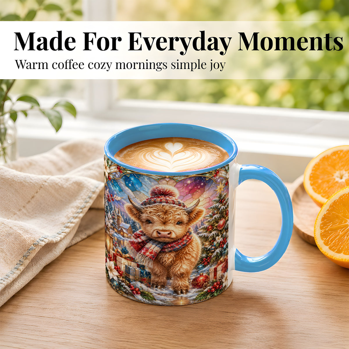 #pl[11oz|Blue] Stained Glass Highland Cow Coffee Mug, Christmas Cow Mug, Ceramic Cup