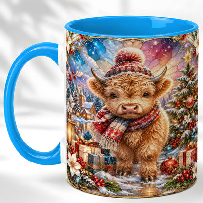 #pl[11oz|Blue] Stained Glass Highland Cow Coffee Mug, Christmas Cow Mug, Ceramic Cup