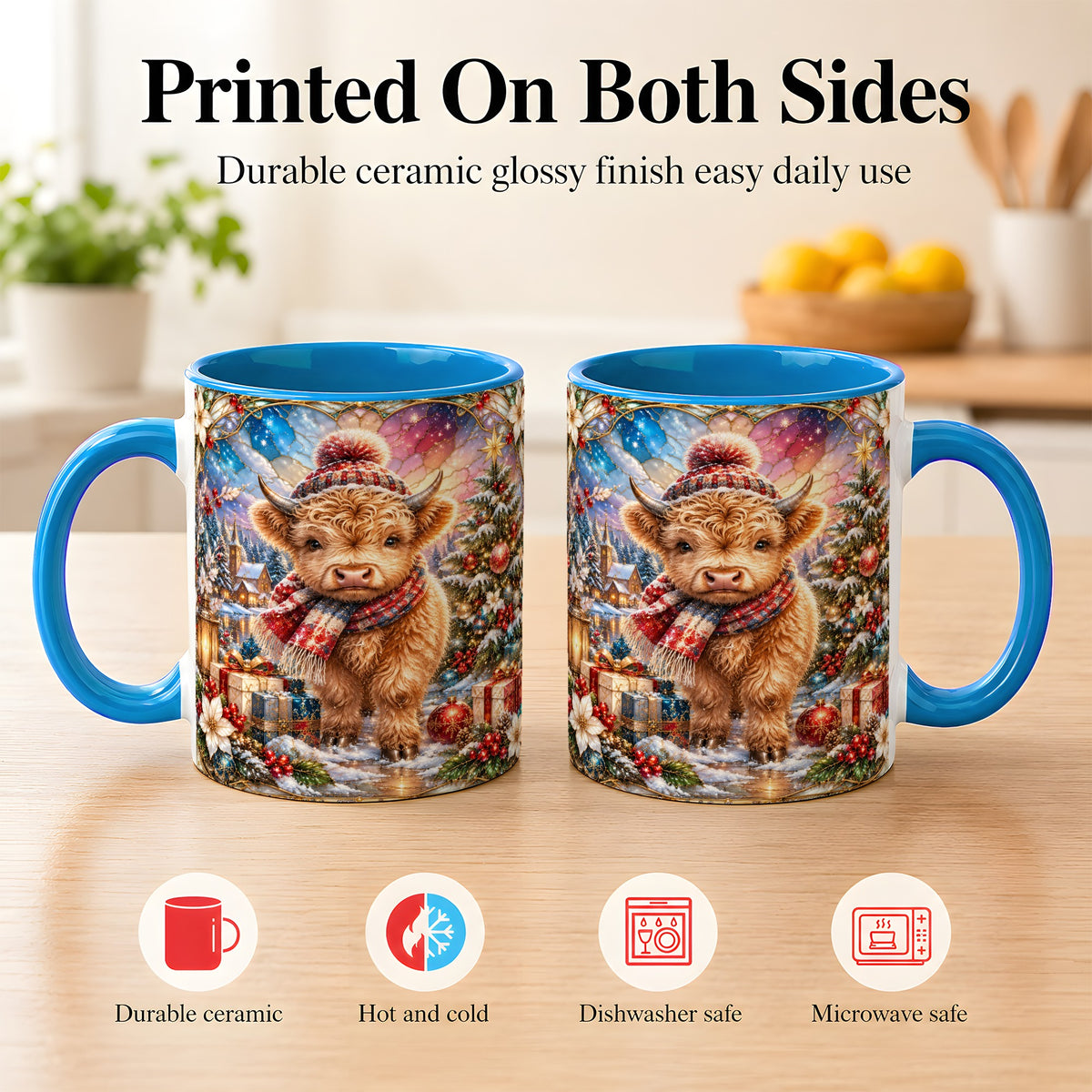 #pl[11oz|Blue] Stained Glass Highland Cow Coffee Mug, Christmas Cow Mug, Ceramic Cup