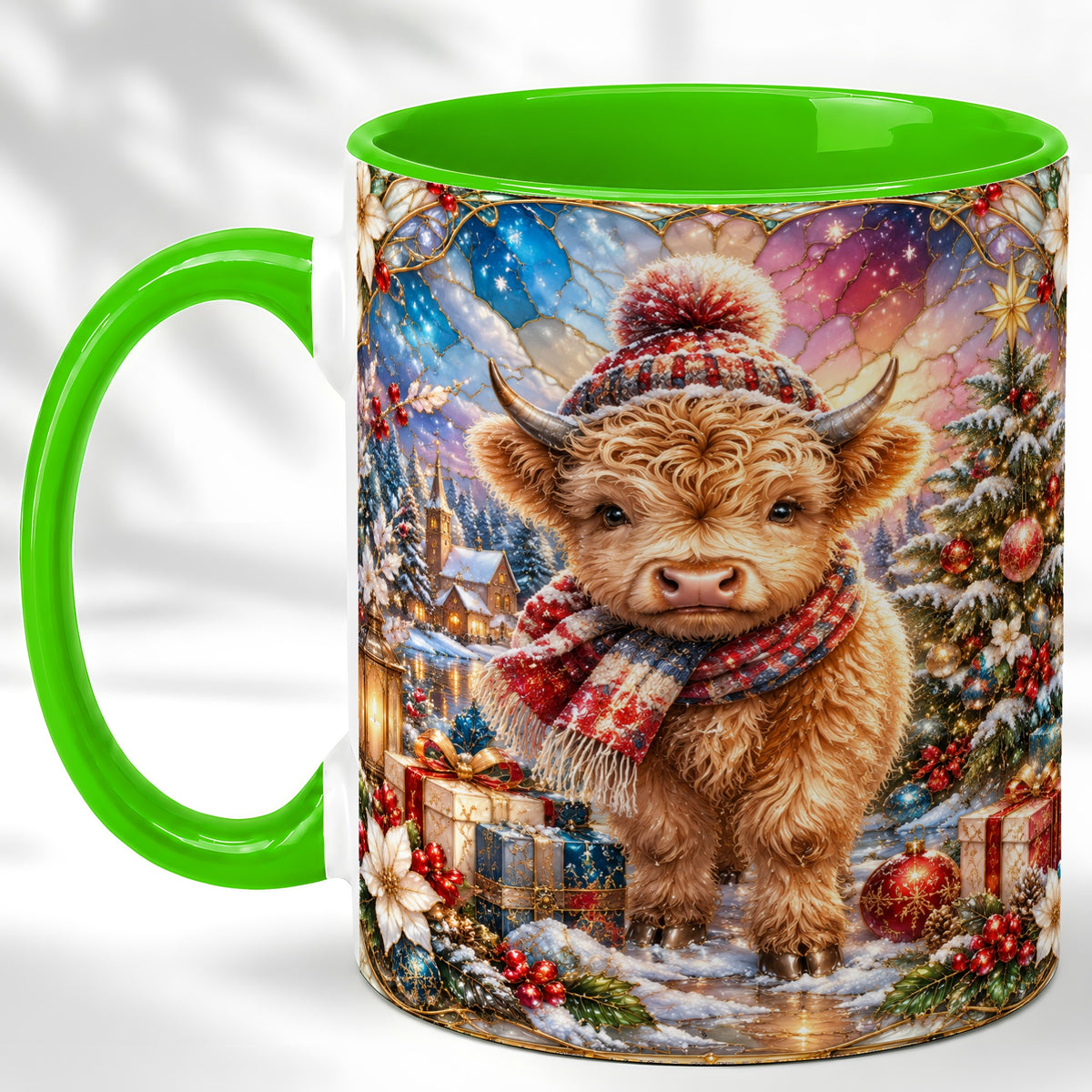 #pl[11oz|Green] Stained Glass Highland Cow Coffee Mug, Christmas Cow Mug, Ceramic Cup