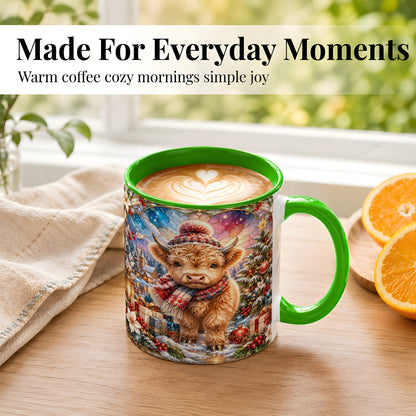 #pl[11oz|Green] Stained Glass Highland Cow Coffee Mug, Christmas Cow Mug, Ceramic Cup