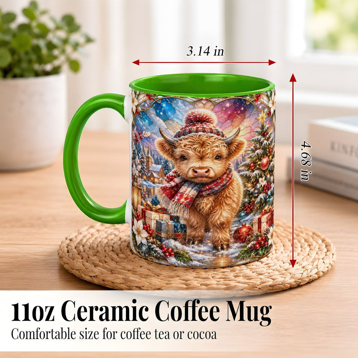 #pl[11oz|Green] Stained Glass Highland Cow Coffee Mug, Christmas Cow Mug, Ceramic Cup