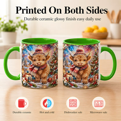#pl[11oz|Green] Stained Glass Highland Cow Coffee Mug, Christmas Cow Mug, Ceramic Cup