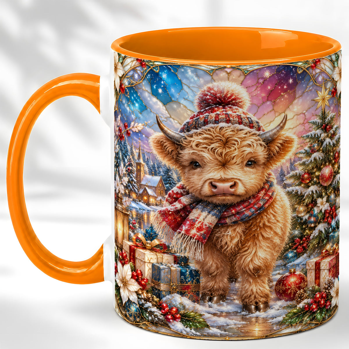 #pl[11oz|Orange] Stained Glass Highland Cow Coffee Mug, Christmas Cow Mug, Ceramic Cup