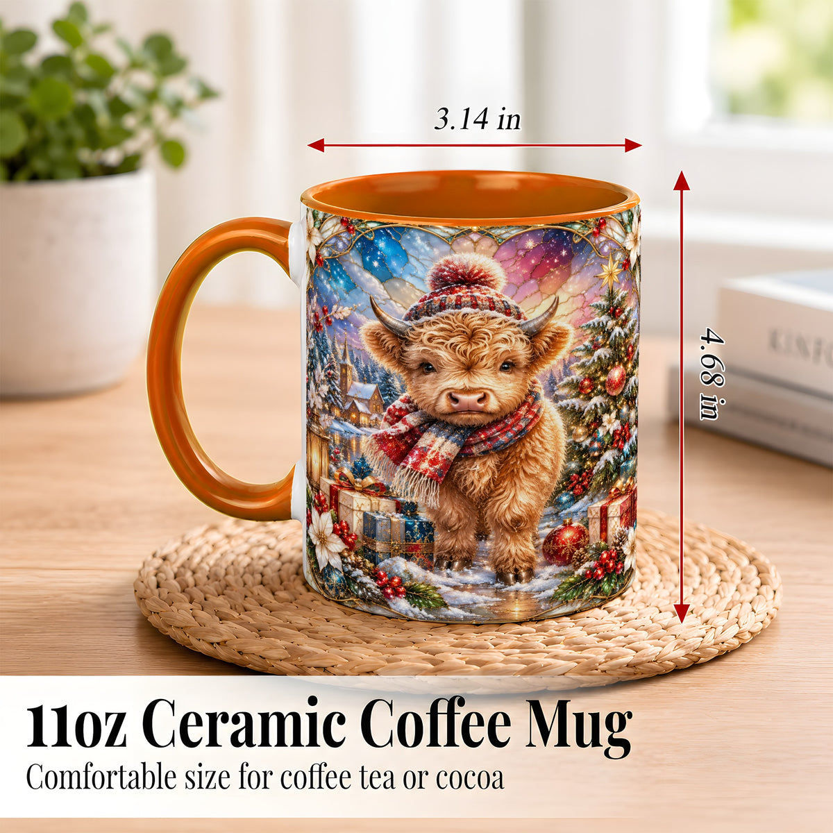 #pl[11oz|Orange] Stained Glass Highland Cow Coffee Mug, Christmas Cow Mug, Ceramic Cup