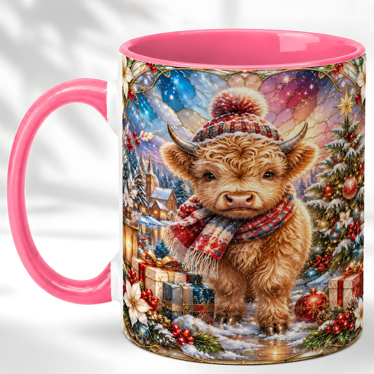 #pl[11oz|Pink] Stained Glass Highland Cow Coffee Mug, Christmas Cow Mug, Ceramic Cup