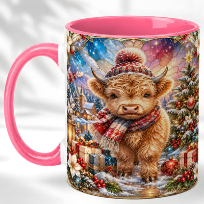 #pl[11oz|Pink] Stained Glass Highland Cow Coffee Mug, Christmas Cow Mug, Ceramic Cup