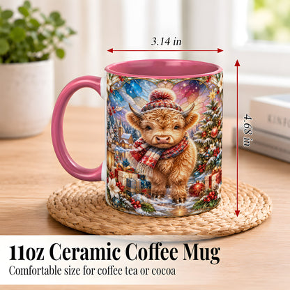 #pl[11oz|Pink] Stained Glass Highland Cow Coffee Mug, Christmas Cow Mug, Ceramic Cup
