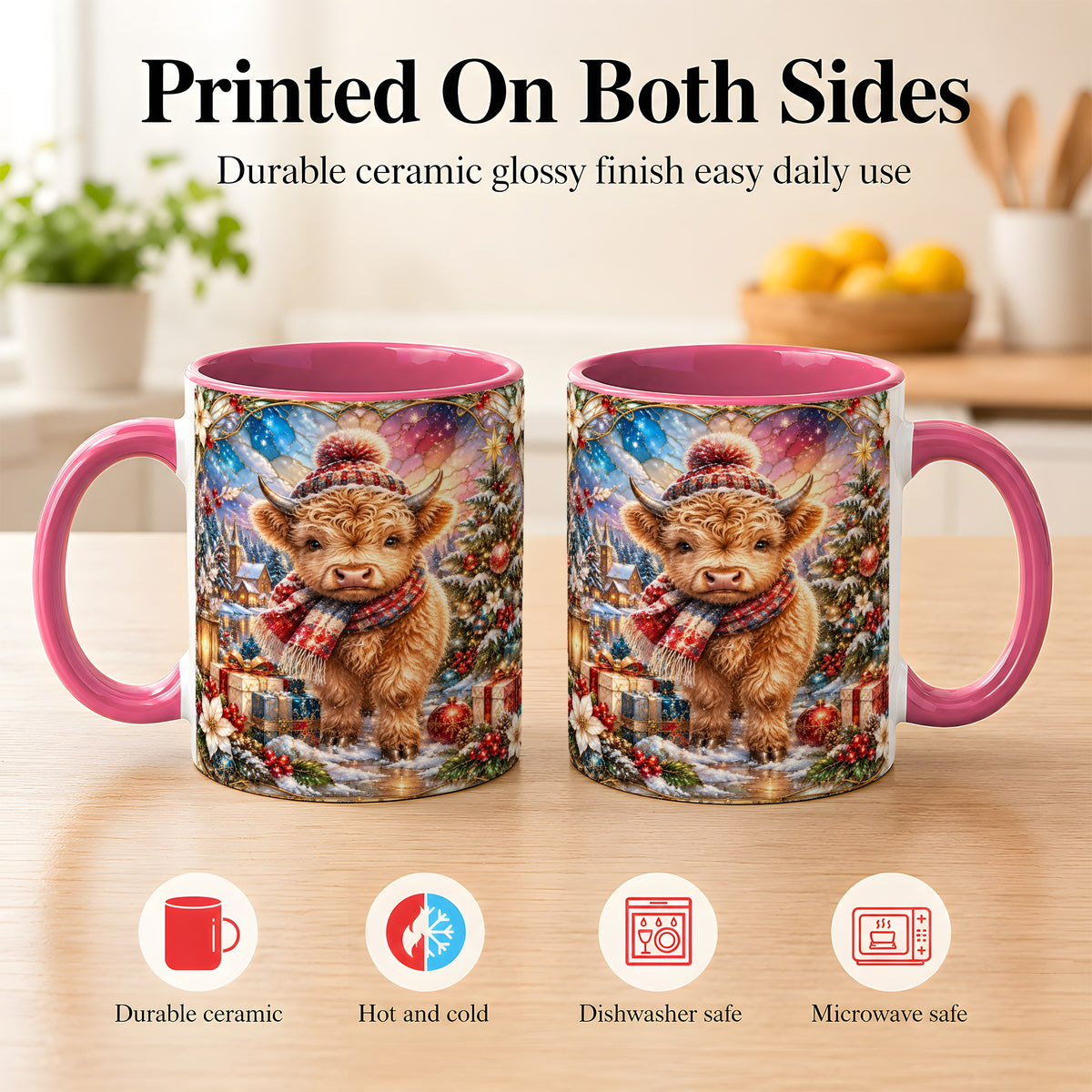 #pl[11oz|Pink] Stained Glass Highland Cow Coffee Mug, Christmas Cow Mug, Ceramic Cup