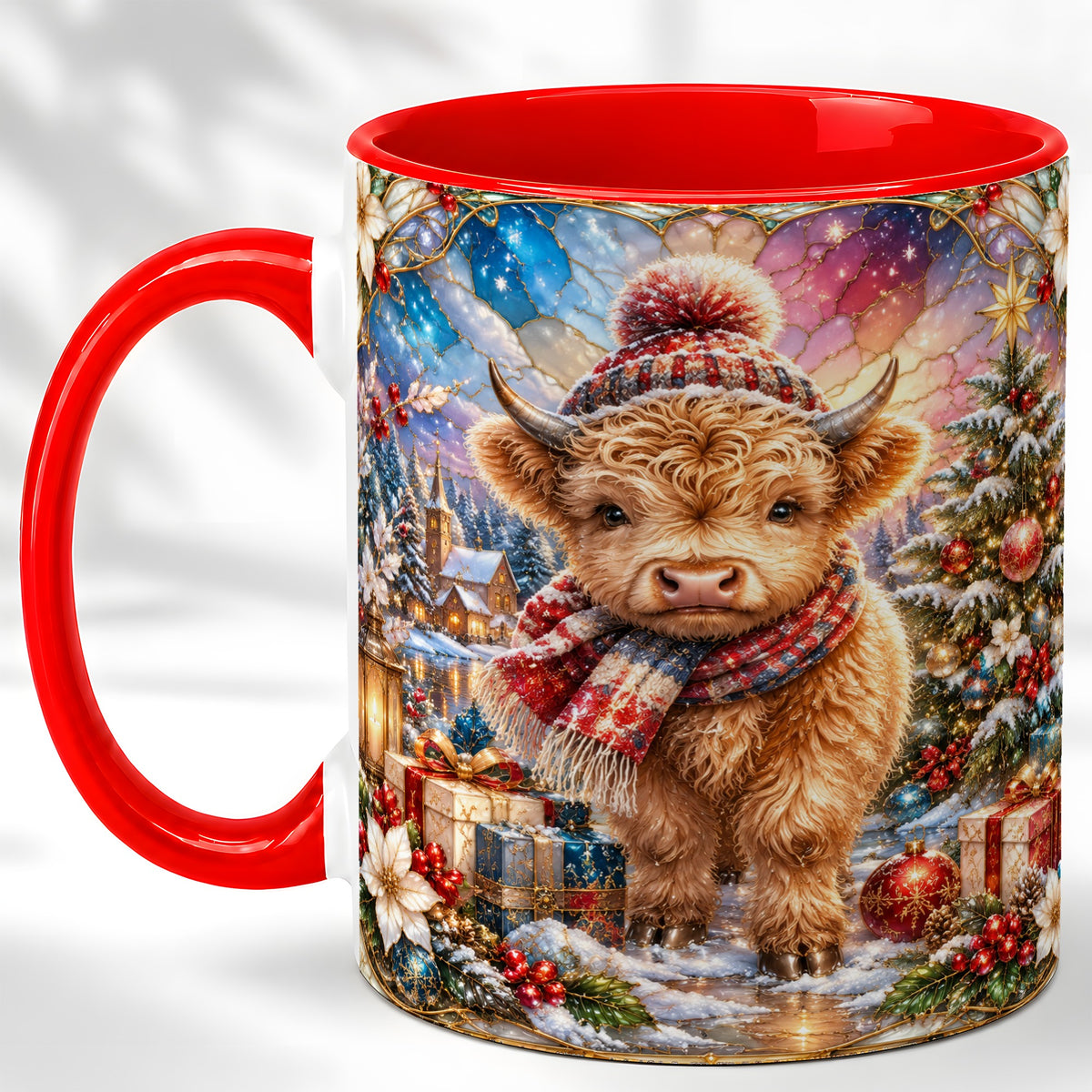 #pl[11oz|Red] Stained Glass Highland Cow Coffee Mug, Christmas Cow Mug, Ceramic Cup