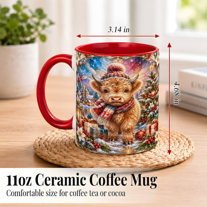 #pl[11oz|Red] Stained Glass Highland Cow Coffee Mug, Christmas Cow Mug, Ceramic Cup