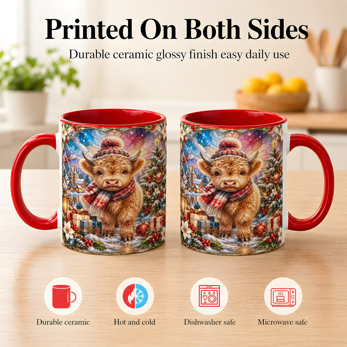 #pl[11oz|Red] Stained Glass Highland Cow Coffee Mug, Christmas Cow Mug, Ceramic Cup