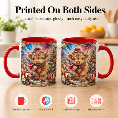#pl[11oz|Red] Stained Glass Highland Cow Coffee Mug, Christmas Cow Mug, Ceramic Cup