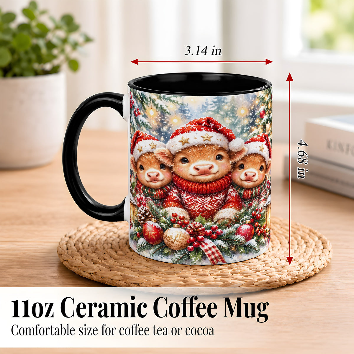 #pl[11oz|Black] Christmas Cow Trio Coffee Mug, Festive Calf Mug, Ceramic Cup